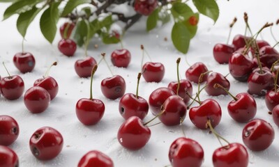 Rich dark red cherry fruit isolated on a snowy white background,  fruit photography,  food,  color palette