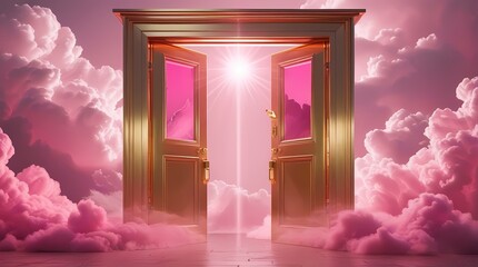 golden door with pink fantasy clouds
