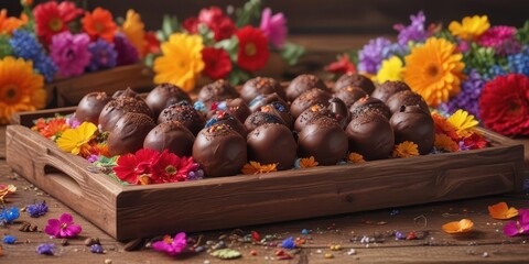 Rich chocolate truffles on a decorative wooden tray surrounded by colorful decorations and small edible flowers ,  table setting,  dessert shop,  colorful