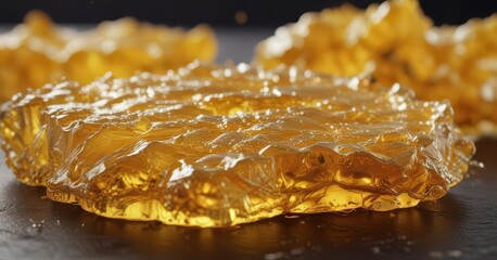 Rich golden cannabis wax with bubble shatter texture and high THC content ,  herbal product,  bubble shatter,  cannabis product