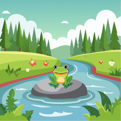 An illustration of a cartoon frog sitting on a rock in a river. The scene is bright and cheerful, with a natural landscape background
