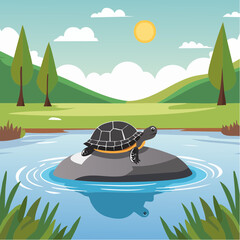 A charming turtle resting on a stone in a tranquil pond with a bright sun overhead. This image evokes a sense of peace and serenity.