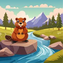 A cute cartoon beaver sitting on a rock in a beautiful landscape