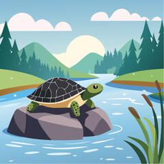 A charming illustration of a turtle basking on a rock in a serene river landscape