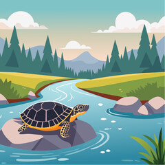 A Turtle Sunbathing on Rock Near a River