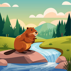 A charming cartoon beaver happily sits on a rock by a stream