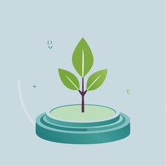 Illustrated green plant on platform against light blue background