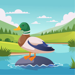 A delightful illustration of a charming duck gracefully perched on a rock by the water's edge, embraced by a picturesque landscape