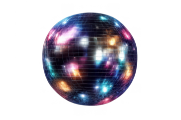 Disco ball reflecting colorful party lights, sparking excitement for celebration, entertainment, and nightlife on transparent background