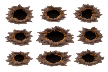 Explosion craters set depicting impact damage on ground, with dust and debris, isolated over a transparent background