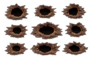 Explosion craters set depicting impact damage on ground, with dust and debris, isolated over a transparent background