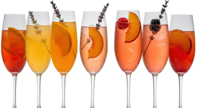 Seven vibrant sparkling wine cocktails in crystal flutes, garnished with fresh fruit and lavender, on a transparent studio background. Concept for luxurious celebratory beverages