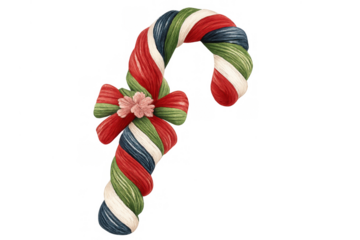 Candy cane with bow, holiday sweet treat decoration, festive stripped red green blue white spiral hanging ornament
