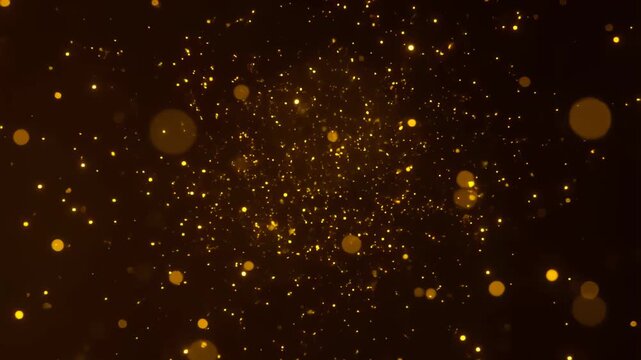 Floating golden particles drift slowly in soft-focus bokeh over a dark background, glowing gently with cinematic light in a weightless atmosphere. Concept of festive elegance and dreamlike motion