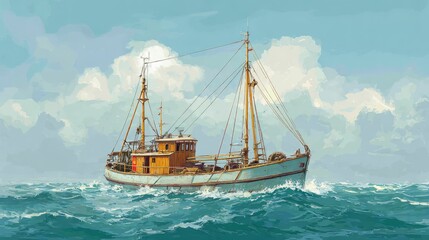 a vintage style fishing boat sailing over the ocean. the boat is equipped with a large mast and several sails, suggesting it's designed for long journeys at sea