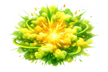 Vibrant green and yellow energy explosion creating a nature blast, growing flower with glow and light effect