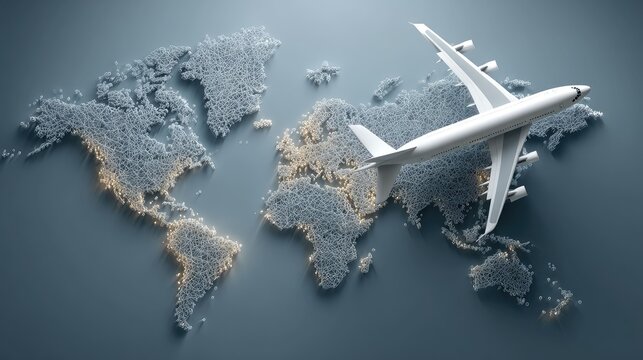 an artistic representation of global air travel. it features a map of the world with flight paths represented by what appears to be stars, symbolizing the connectivity of global aviation routes