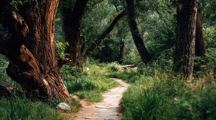a serene pathway through a lush green forest with tall trees surrounding it. a dirt trail invites one to explore further into the woods