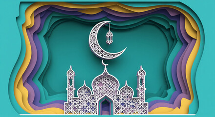 Minimal Islamic Papercut Mosque with Crescent Moon and Lantern on Layered Paper Background