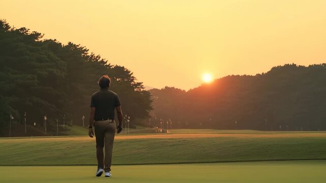 夕暮れのコースを歩く男性の後ろ姿、ラウンド終盤の静かな時間