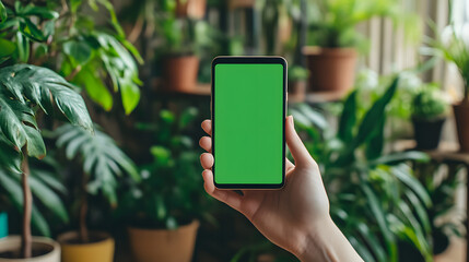 A hand holds a smartphone with a green screen background