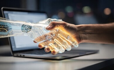 Real human hand shaking holographic digital hand, virtual partnership, artificial intelligence network, encrypted online transaction and futuristic technology concept