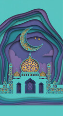 Ramadan Kareem and Eid Mubarak Greeting Background in Vertical Paper Art Style