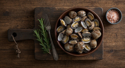 fresh clams, raw clams, shellfish, seafood still life, rustic food photography, wooden table, wooden cutting board, natural seafood, uncooked shellfish, clams in bowl, coastal cuisine, ocean harvest, 