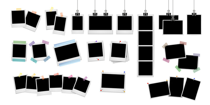 Polaroid Photo Frame Collection &ndash; Realistic Instant Film Mockups with Clips, Tape and Pins, Blank Photo Templates Set, Vintage Photography Vector Illustration Isolated on White Background
