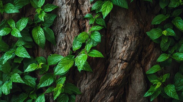a close up image of green ivy growing on a tree with a dark background that highlights the plant's leaves, creating an effect as if there are multiple instances of the same image