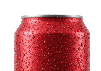 Sleek red aluminum beverage can, ultra-chilled, covered in glistening water condensation droplets and mist, isolated on a transparent background with copy space, concept for beverage advertising