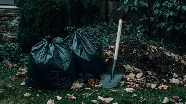 black plastic bags filled with garden waste sit on the lawn next to an old shovel - Powered by Adobe