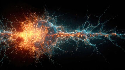 a captivating visual contrast between the raw, chaotic energy of the universe captured in a lightning bolt, and the structured, orderly pattern of atoms or particles