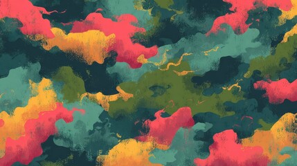 a vibrant, abstract floral pattern set against a vivid background. the floral motif, with its intricate design in shades of yellow, red, and green, is the central focus