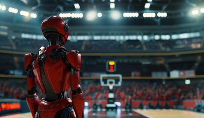AI Powered Red Robot Athlete in Basketball Arena