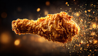 Crunchy Fried Chicken Leg with Crumbs Splash on Black