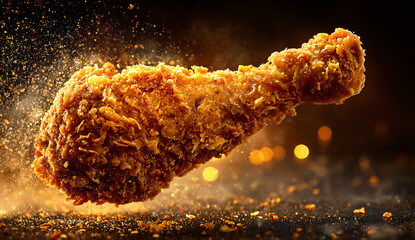 Crispy Fried Chicken Drumstick With Flying Crumbs On Black Background