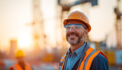 Confident Construction Worker Wearing Safety Gear at Sunset