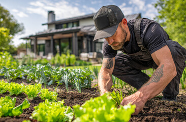 Sustainable Home Gardening with Male Gardener Planting Vegetables