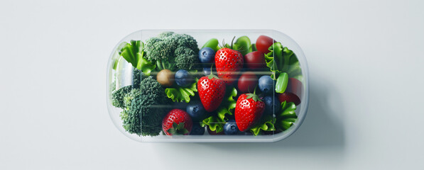 Fresh Fruits And Vegetables Inside Large Transparent Pill Capsule