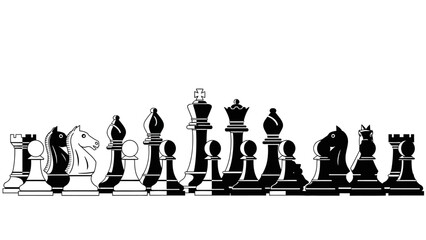 Black and White Chess Pieces Set Featuring Kings Queens Knights Rooks and Pawns on a Horizontal © Anisah