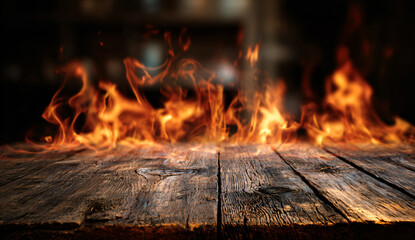Cozy Rustic Wooden Table in Front of Blurred Fireplace with Warm Bokeh