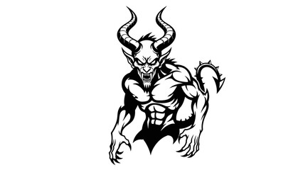 Fototapeta premium Mythical demon creature with exaggerated muscular build and intimidating horns in bold black and