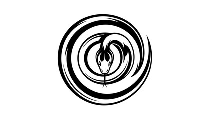 Minimalist black and white abstract serpent illustration with concentric circles