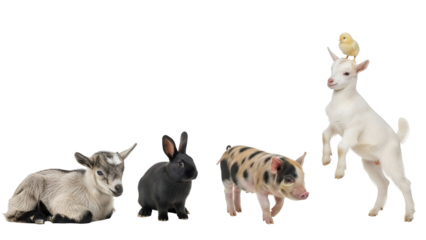 Adorable collection of diverse baby farm animals including a piglet, rabbit, and goat kids with a chick, posing innocently, isolated on transparent background.