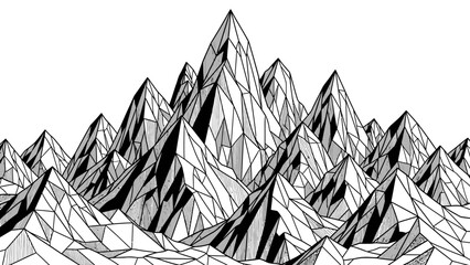 A stylized monochrome mountain range with sharp geometric peaks and shadows illustrating abstract