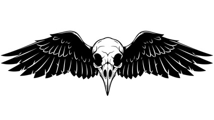 Fototapeta premium Black and White Illustrative Artistic Rendering of a Skull with Bird Wings Element Design