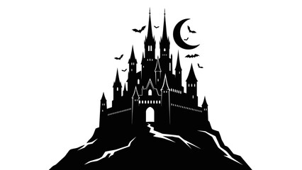 Gothic Castle Silhouette with Bats, Moon, and Night Sky Creating a Spooky Atmosphere © Anisah