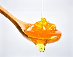 Wooden spoon with dripping golden honey isolated on white background, natural sweetness and organic nutrition concept