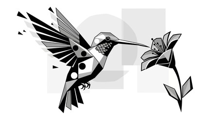 Stylized geometric hummingbird feeding on a flower in monochrome design perfect for modern nature © Anisah